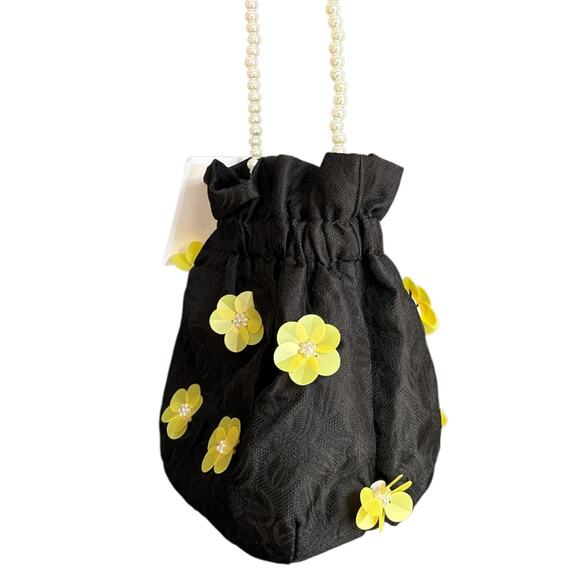 Dream Sister Jane Black Floral Appliqué Drawstring Bag with Pearl Strap - Picture 3 of 7